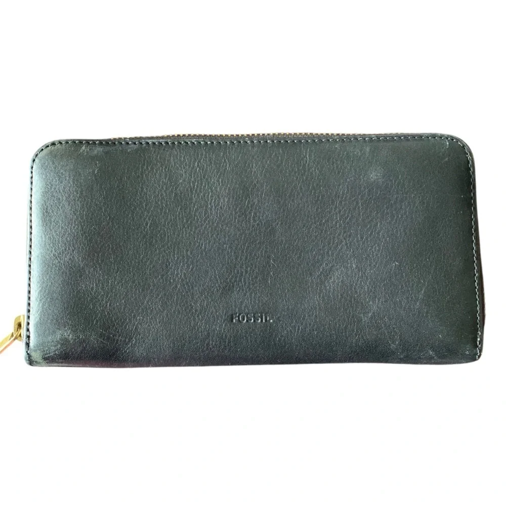 Fossil Black Leather Zip Around Clutch Wallet Women’s